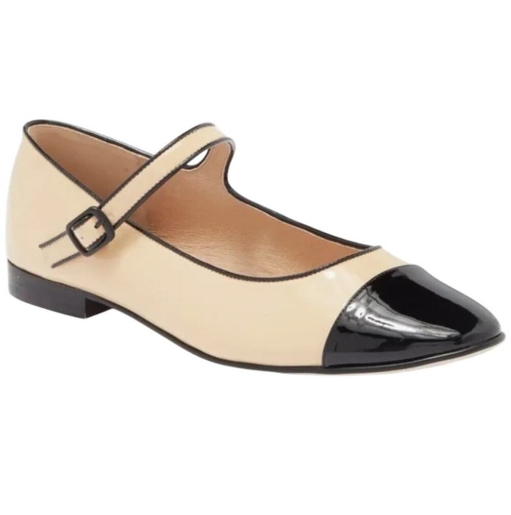 Jeffrey Campbell Beige Curvet Patent Leather Black Round Toe Ballerina Flats
